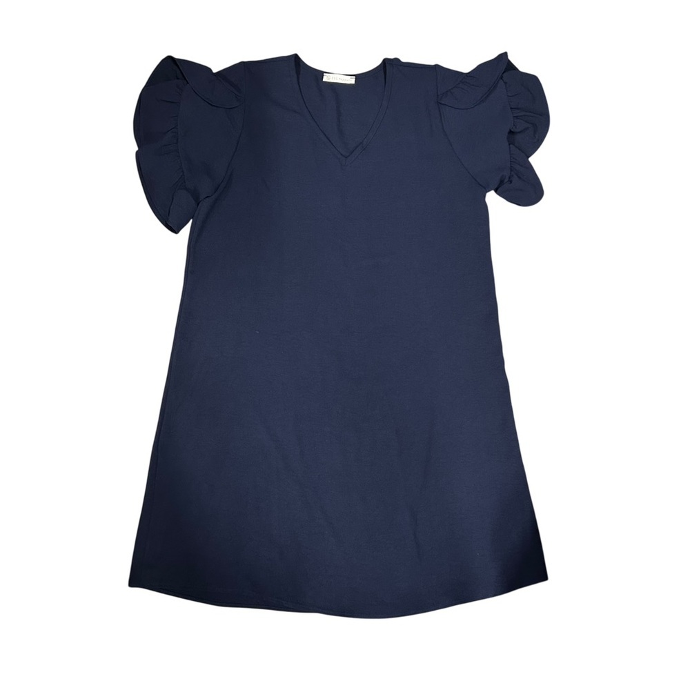 FSL Apparel Navy Women’s Med V-Neck Ruffle Sleeve Flow Dress‎